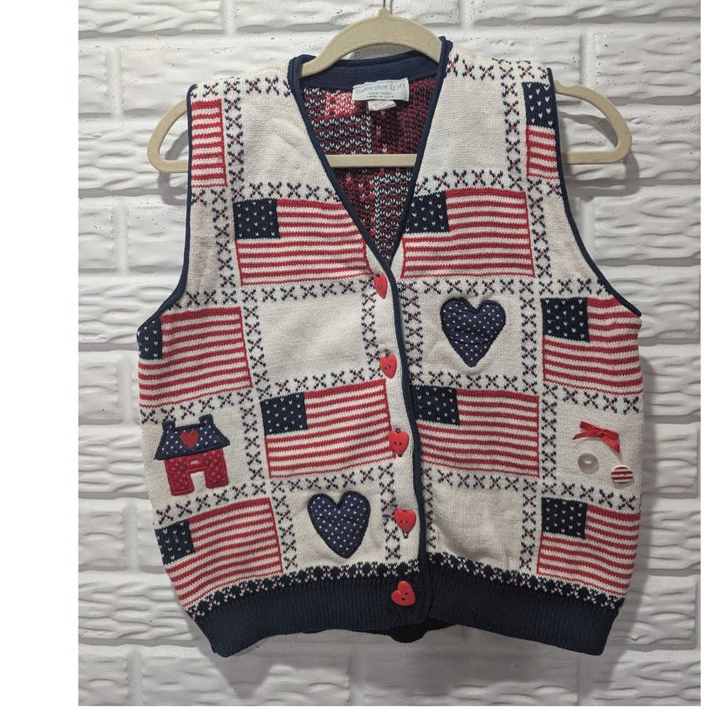 Vintage 90s Teacher Sweater American Flag Heart Knit Vest Red White Blue Small